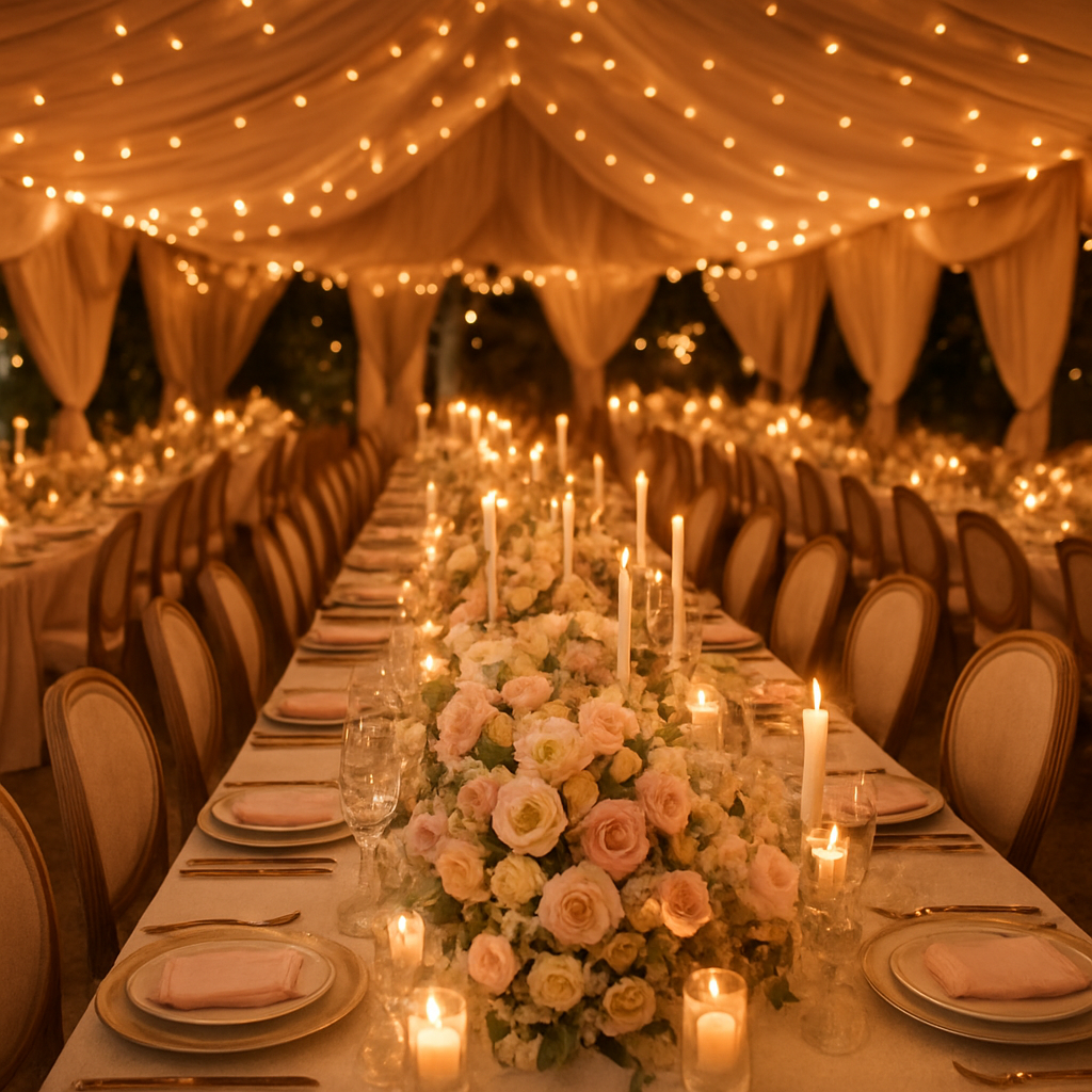An elegantly decorated wedding reception with floral runners and candlelight